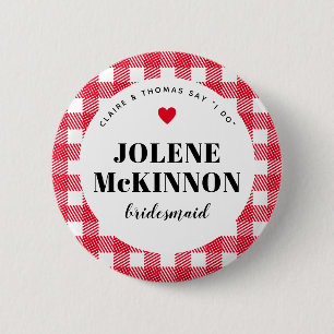 Red Gingham Country Wedding Bridesmaid Name 2 Inch Round Button