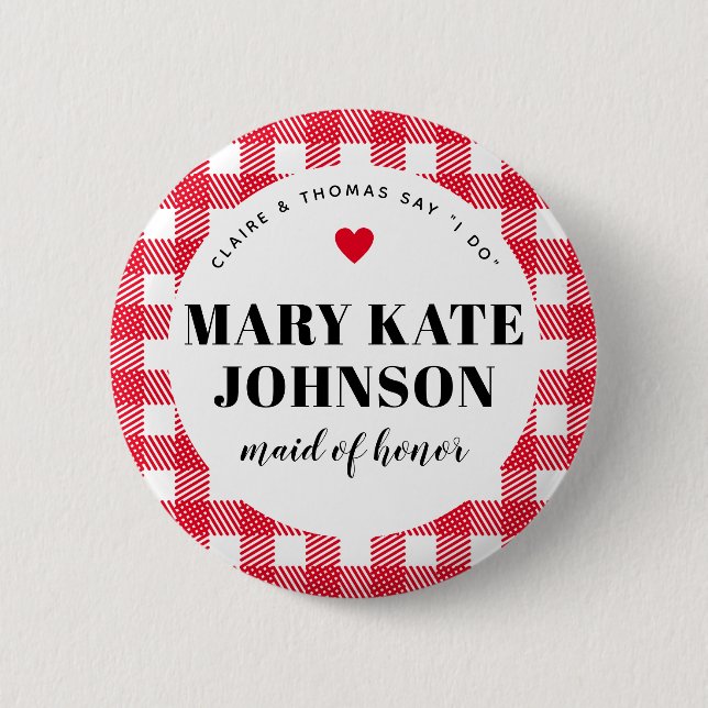 Red Gingham Country Wedding Maid of Honour Name 2 Inch Round Button (Front)