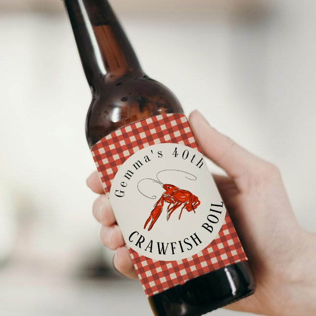 Red Gingham Crawfish Boil Seafood Party Beer Bottle Label (Red Gingham Crawfish Boil Seafood Party Beer Bottle Label)
