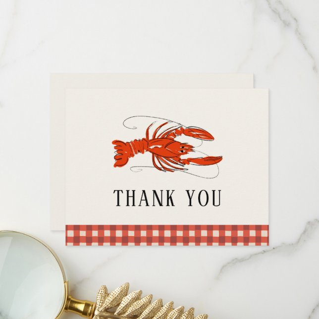 Red Gingham Crawfish Boil Seafood Thank You Notes (Front/Back In Situ)