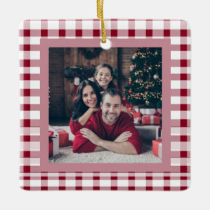 Red Gingham Elegant Two-Sided 2 Photo Christmas  Ceramic Ornament