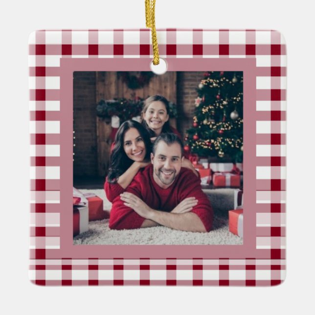 Red Gingham Elegant Two-Sided 2 Photo Christmas  Ceramic Ornament (Front)