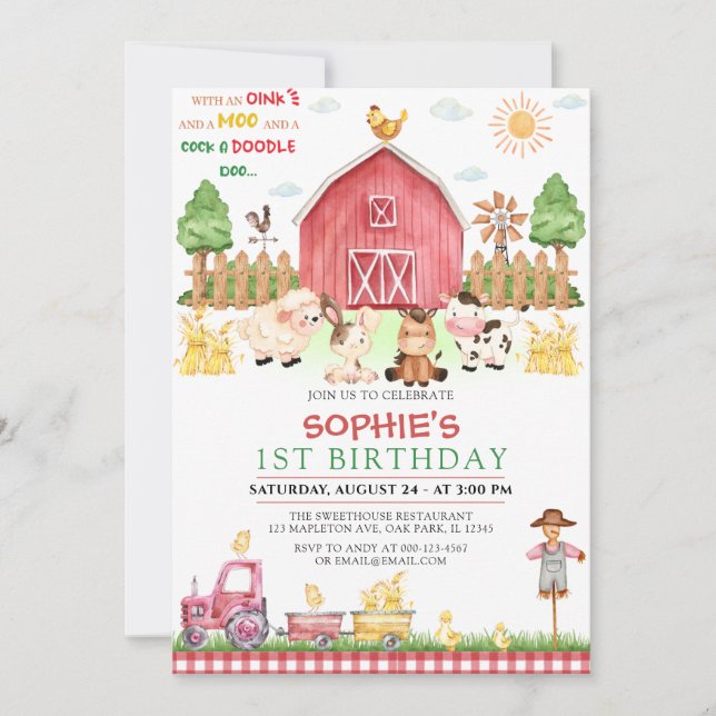 Red Gingham Farm Animals Barnyard Birthday Invitation (Front)