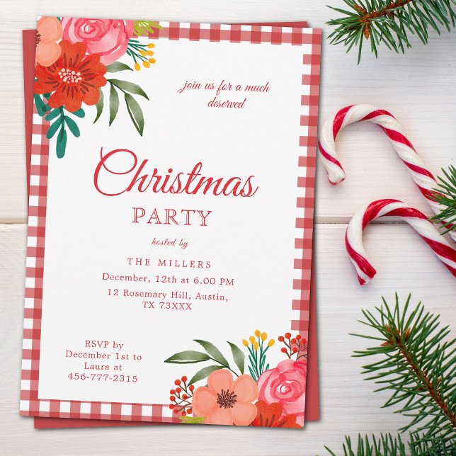 Red Gingham Floral Christmas Party Invitation (Rustic Red Christmas Invitation | Rustic Red Botanical Christmas)