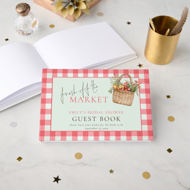 Red Gingham Fresh off the Market Bridal Shower Guest Book (Front Open)