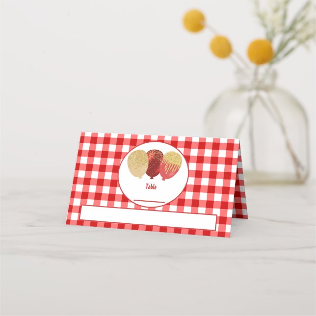 Red Gingham Glitter Balloons Folded Table  Place Card (Front)