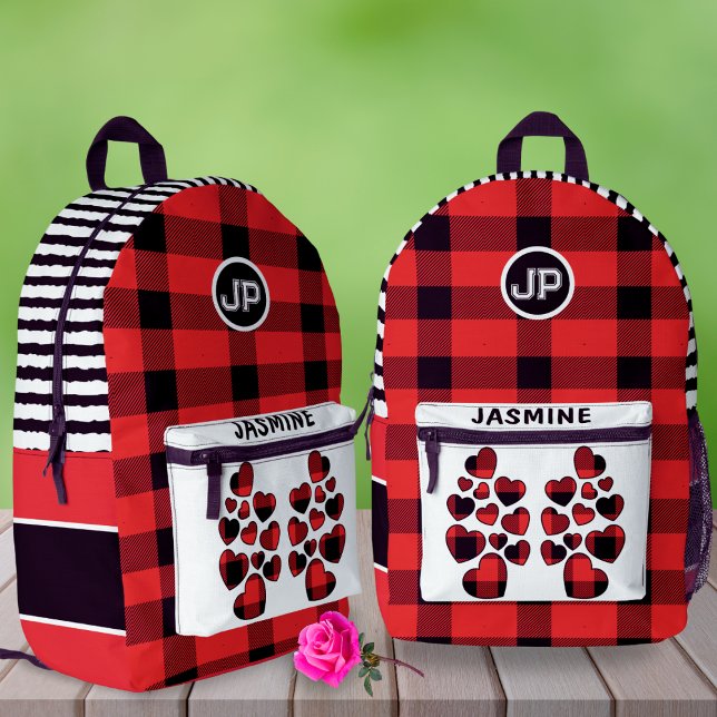 Red Gingham Heart Custom Name Left-Handed School  Printed Backpack (Creator Uploaded)