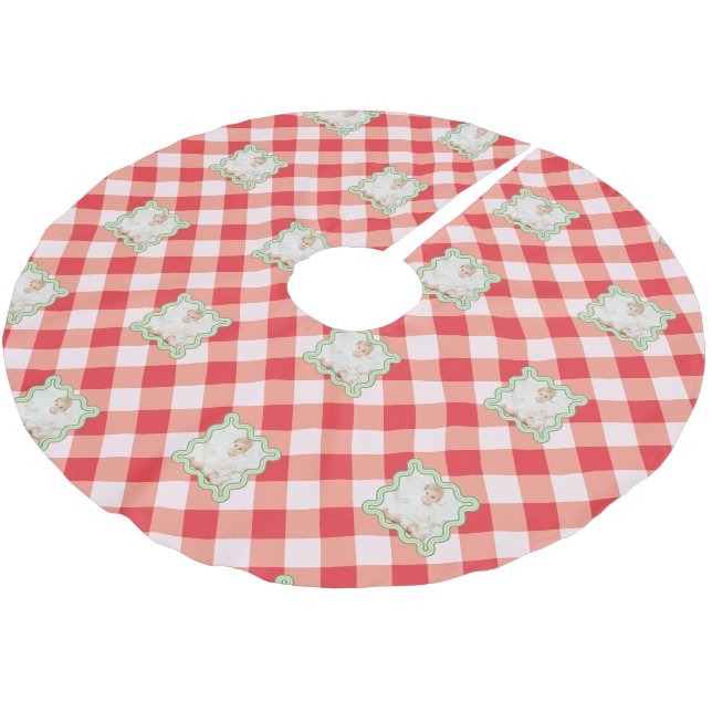 Red Gingham Holiday Christmas Custom Photo Brushed Polyester Tree Skirt (Angled)