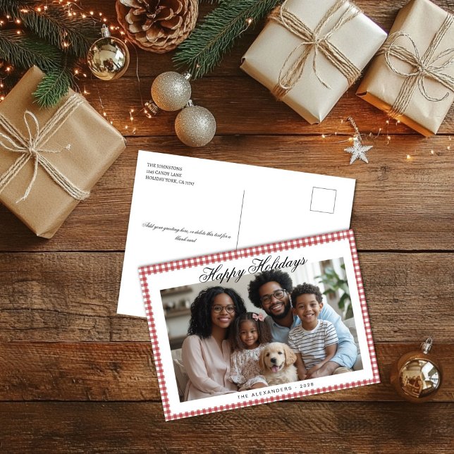 Red Gingham Holiday Photo Postcard (Vintage Red Gingham Holiday Photo Post Card)