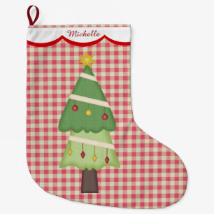 Red Gingham Holiday Tree Personalized Large Christmas Stocking