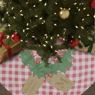 Red Gingham Holly Monogram Christmas Tree Skirt