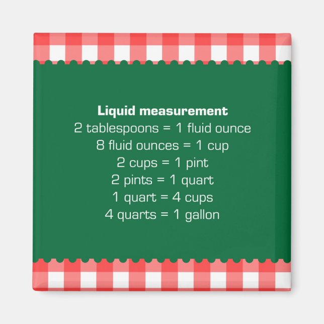 Red gingham liquid measure chart kitchen helper magnet (Front)