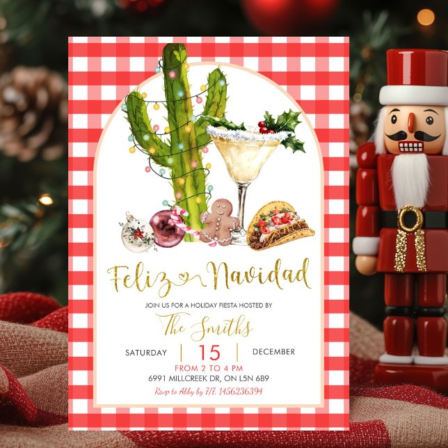 Red Gingham Mexican Feliz Navidad Christmas Party Invitation (Creator Uploaded)