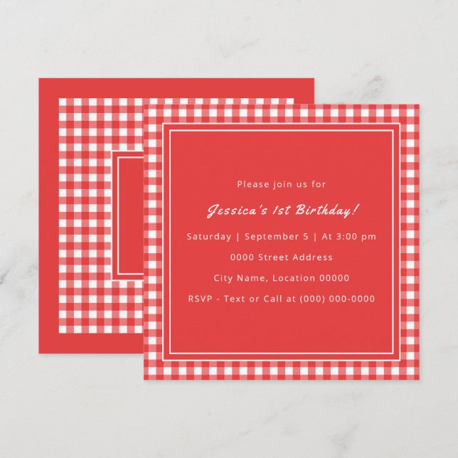 Red Gingham Monogram Birthday Party Invitation (Front/Back)