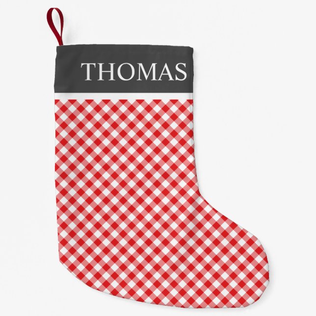 Red Gingham Offblack Collar Custom Name Small Christmas Stocking (Front)