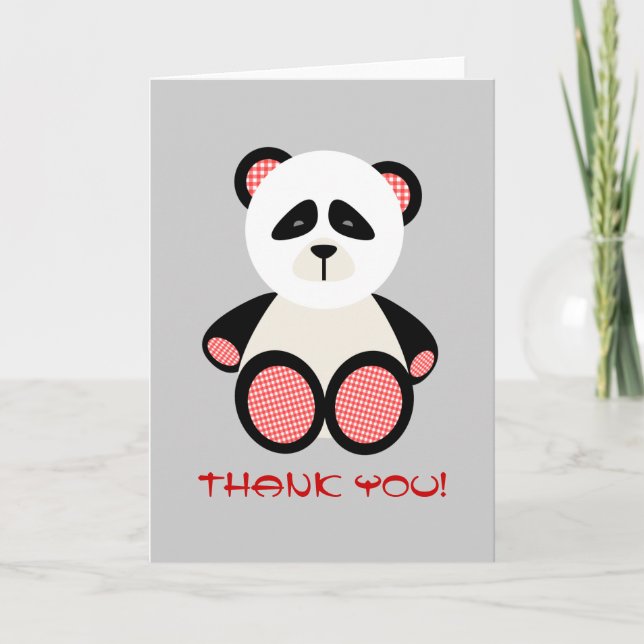 Red Gingham Panda Bear Baby Shower Thank You Card (Front)