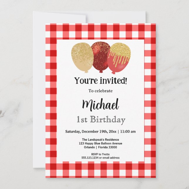 Red Gingham, Party Balloons 1st Birthday Invitation (Front)