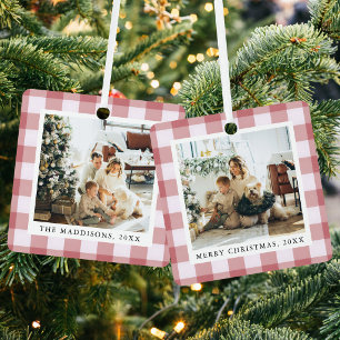 Red Gingham Pattern Christmas Family Photos Metal Ornament