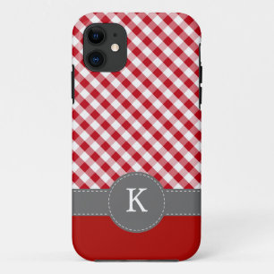 Red Gingham Pattern Custom Monogram iPhone 11 Case