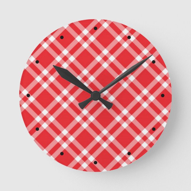 Red Gingham Pattern Round Clock (Front)