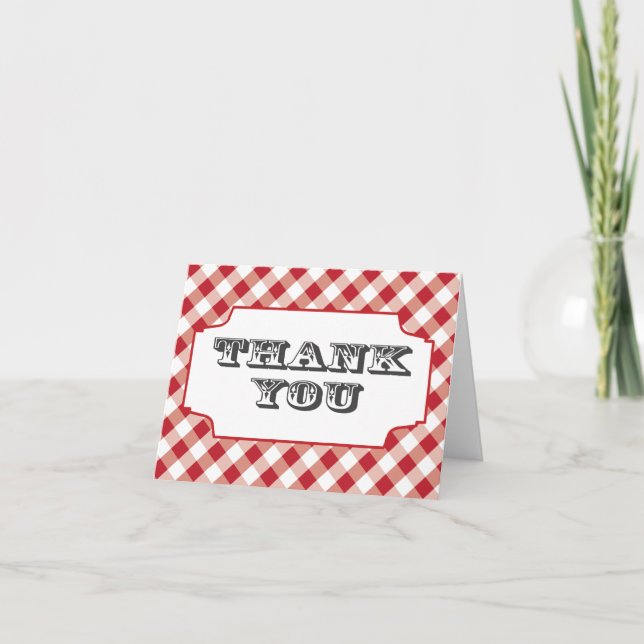 Red Gingham Pattern Thank you note cards (Front)