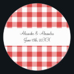 Red gingham pattern wedding favours classic round sticker<br><div class="desc">Red gingham pattern picnic checkers with white stripe wedding favours perfect for a red themed wedding</div>