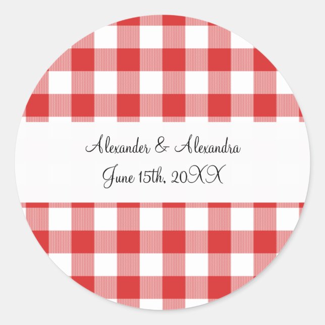 Red gingham pattern wedding favours classic round sticker (Front)