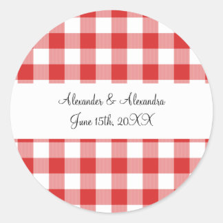 Red gingham pattern wedding favours classic round sticker
