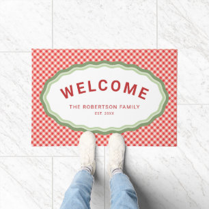 Red Gingham Personalized Christmas Holiday Welcome Doormat