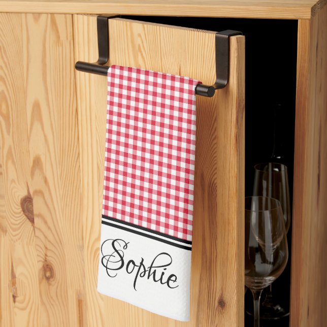 Red Gingham Personalized  Kitchen Towel (Thirds Fold)