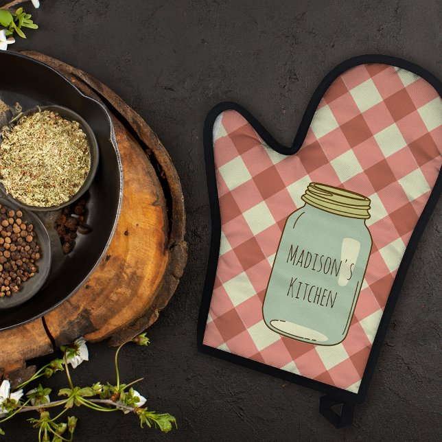 Red Gingham Personalized Mason Jar Oven Mitt (Creator Uploaded)