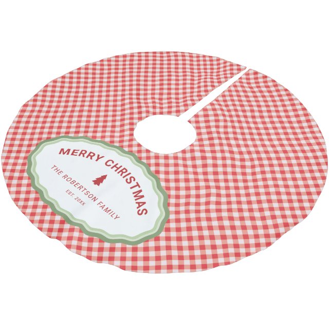 Red Gingham Personalized Merry Christmas Holiday Brushed Polyester Tree Skirt (Angled)