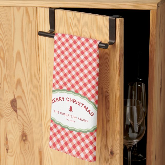 Red Gingham Personalized Merry Christmas Holiday Kitchen Towel (Thirds Fold)