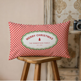 Red Gingham Personalized Merry Christmas Holiday Lumbar Pillow