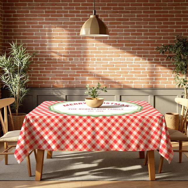 Red Gingham Personalized Merry Christmas Holiday Tablecloth (Creator Uploaded)
