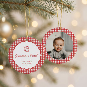 Red Gingham Photo Baptism Ceramic Ornament