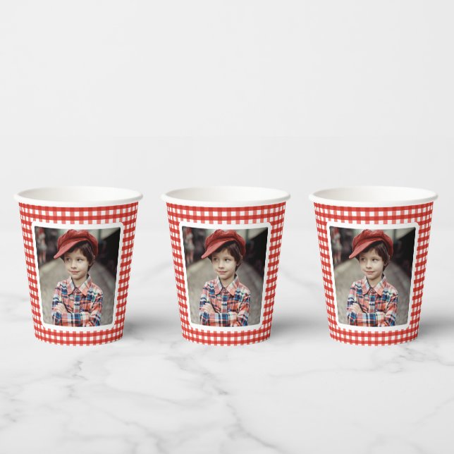 Red Gingham Photo Template Farm Birthday Paper Cups (Multi)