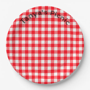 Red Gingham Picnic Print Baby Birthday Party Paper Plate