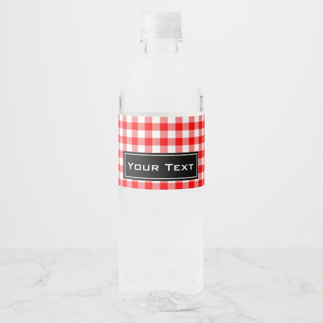 Red gingham picnic tablecloth print water bottle label (Front)