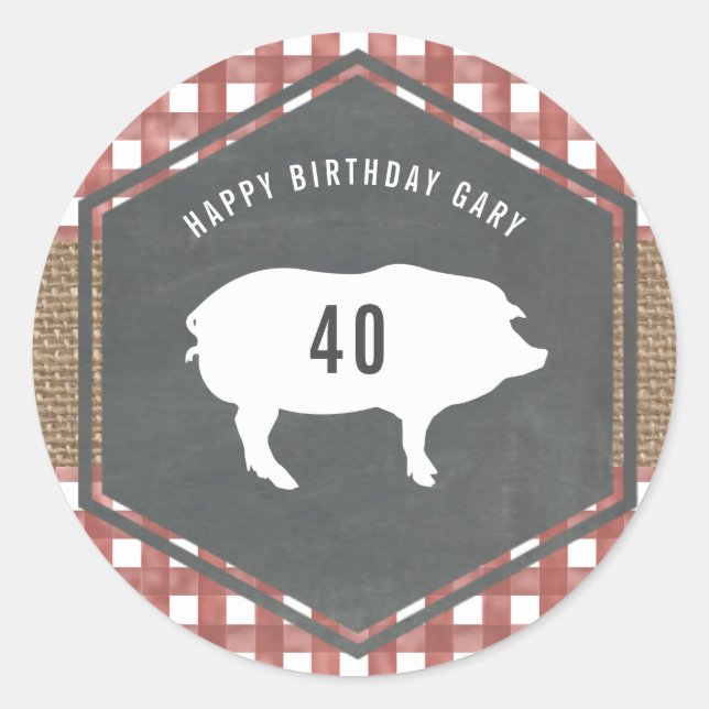 Red Gingham Pig Burlap Birthday Bbq Classic Round Sticker (Front)