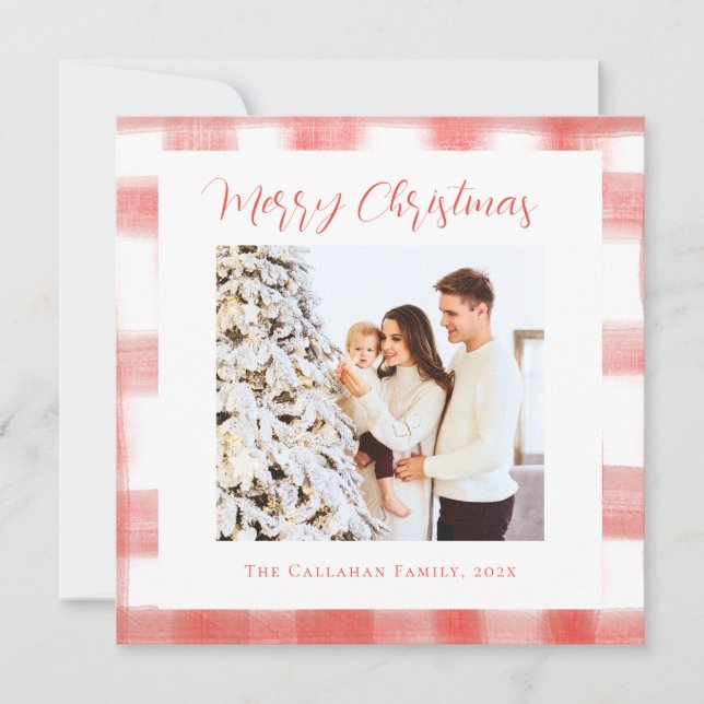 Red Gingham Plaid Elegant Custom Photo Christmas Holiday Card (Front)