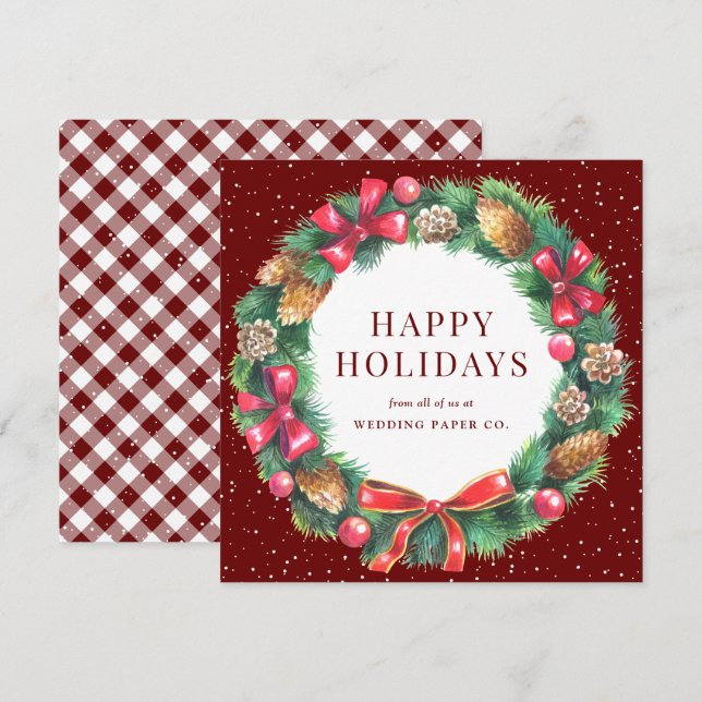 Red Gingham Plaid Holly Berries Wreath Business Holiday Card (Front/Back)
