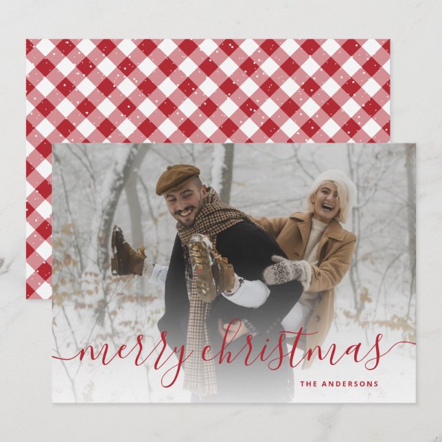 Red Gingham Plaid Photo Merry Christmas Holiday Card (Front/Back)