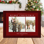 Red Gingham Plaid Two Photo Holiday Card<br><div class="desc">Create your own custom photo Christmas cards featuring two of your family pictures alongside personalized minimalist typography name and year on a cute red gingham plaid pattern background.</div>