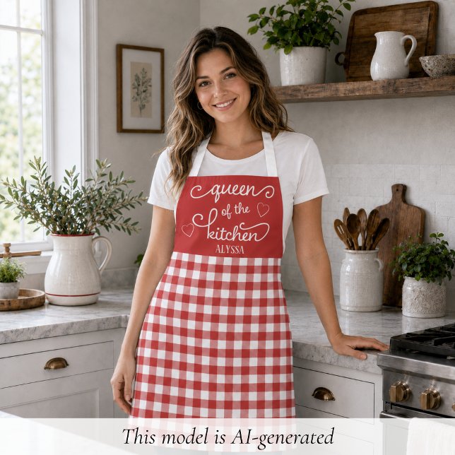 Red Gingham Queen of the Kitchen Apron (cute red gingham queen of the kitchen apron with custom monogram name)