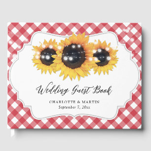 Red Gingham Rustic Sunflower Floral Wedding Guest Book