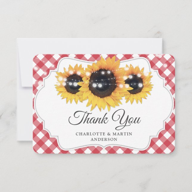 Red Gingham Rustic Sunflower Wedding Thank You Card (Front)
