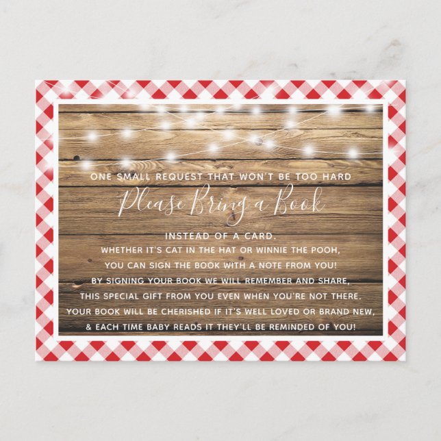 Red Gingham Rustic Wood Baby Shower Book Card (Front)