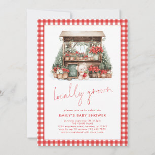 Red Gingham Script Locally Grown Xmas Baby Shower  Invitation