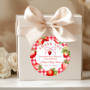 Red Gingham Strawberries Baby Shower Thank You Classic Round Sticker